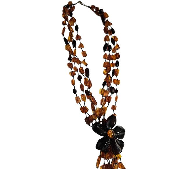Baltic Amber Flower Statement Necklace Huge Bead Four Strand Tassel Cognac Brown - Picture 5 of 7